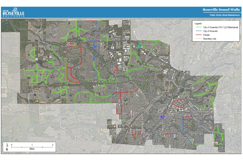 A 2026 map of sound walls throughout Roseville highlighted in different colors to show which is owned by the City and which are private.